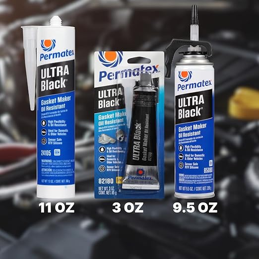 Permatex 82180 Ultra Black Maximum Oil Resistance RTV Silicone Gasket Maker, Sensor Safe and Non-Corrosive, for High Flex and Oil Resistant Applications 3 oz