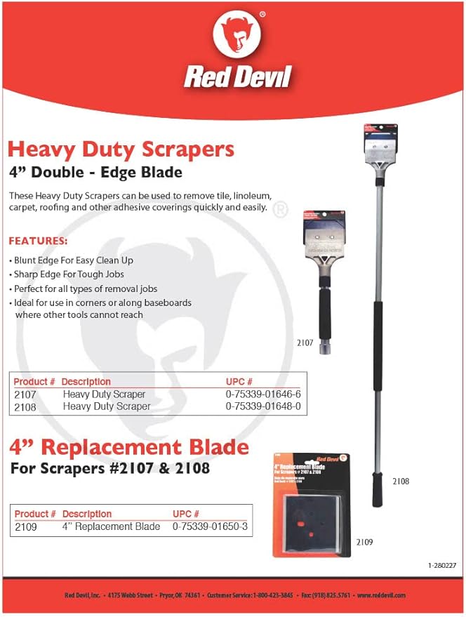 Red Devil 2108 Long Handle Heavy Duty Floor Scraper with 4-Inch Double Edge Steel Blade, Cushioned Grip Handle for Tile, Linoleum, and Carpet Removal