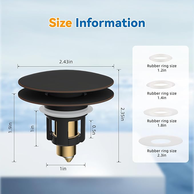 Universal Bathroom Sink Stopper, Metal Pop Up Sink Drain Strainer with Hair Catcher, Fit 1.1"-2.36" US Basin, Wash Basin Drain Plug, Big/Small Cover Cap, Brass Bounce Core, Oil Rubbed Bronze