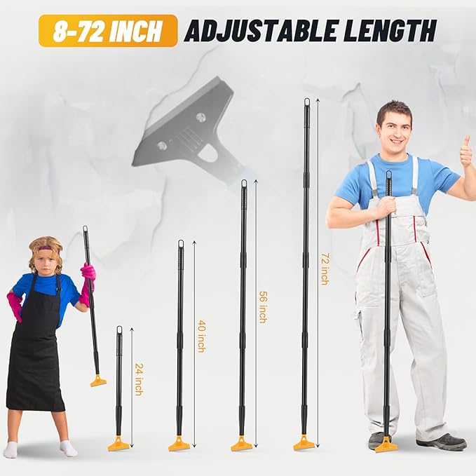 Floor Scraper Long Handle Heavy Duty, 8-72" Adjustable Razor Blade Scraper Tool with 10 Blades, 4 Inch Paint Scraper for Cleaning Floors, Walls, Tile, Glass, Adhesive, Gum, Popcorn Ceiling(2 Pack)