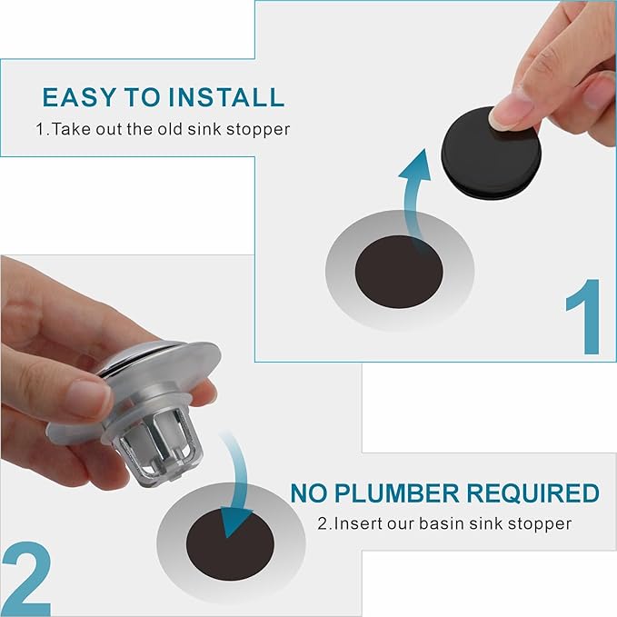 Brushed Nickel Bathroom Sink Drain Stopper,Welsan Universal Pop-Up Drain Stopper Plug Strainer with Hair Catcher for 1 1/8"-1 1/2" Drain Hole-2 Pack