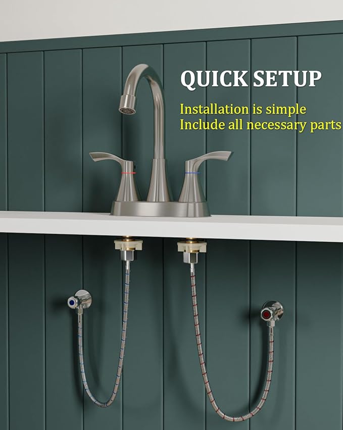 Brushed Nickel Bathroom Faucet 3 Hole, Evolvegoods 4 Inch Stainless Steel Bathroom Sink Faucet, 2 Handle Centerset Faucet for Bathroom Sink Vanity, with Pop Up Drain and 2 Supply Hoses