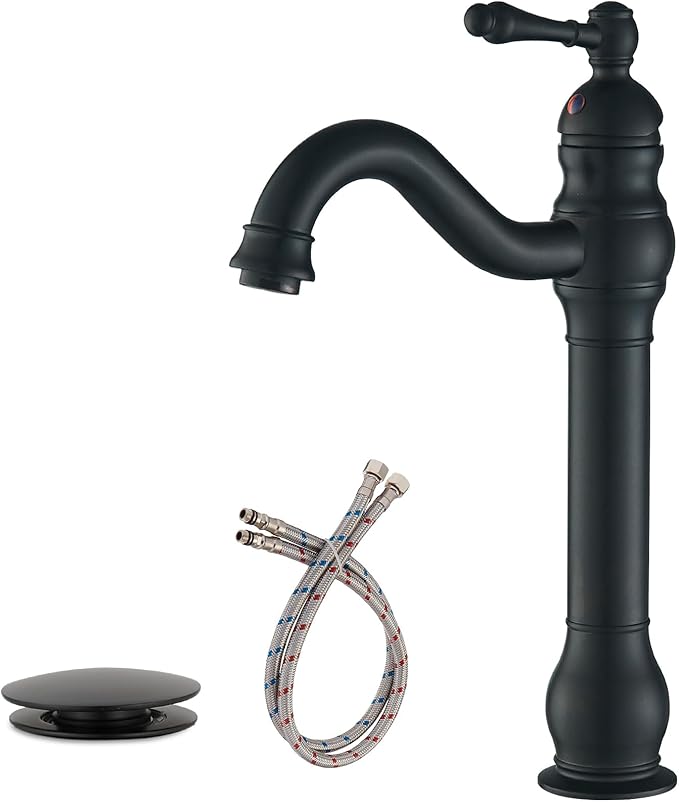 Black Vessel Sink Faucet Tall Farmhouse Single Hole Single Handle Vanity Lavatory Matte 360° Swivel for Bathroom with Pop Up Drain Without Overflow