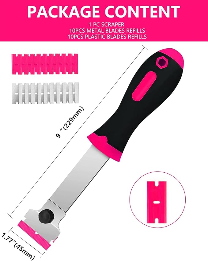 Razor Blade Scraper,Long Handle Razor Scraper with 10 Plastic and 10 Metal Blades - Perfect for Removing Labels, Stickers, Registration Stickers, and Grease from Windshields, Tint, and Glass (Pink)