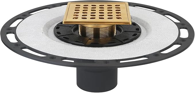 Square Shower Drain, 4-Inch Polished Gold Kit with Bonding Flange, Removable Stainless Steel Grate, Drain Key & Hair Strainer, Fits 2" & 3" Pipes for Tiled Floors