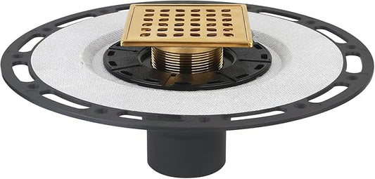 Square Shower Drain, 4-Inch Polished Gold Kit with Bonding Flange, Removable Stainless Steel Grate, Drain Key & Hair Strainer, Fits 2" & 3" Pipes for Tiled Floors