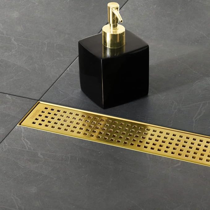 Neodrain 36-Inch Brushed Brass Linear Shower Drain with Removable Quadrato Pattern Grate,304 Stainless Steel Gold Rectangle Shower Floor Drain,Linear Drain with Hair Strainer