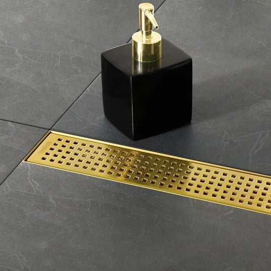 Neodrain 24-Inch Brushed Brass Linear Shower Drain with Removable Quadrato Pattern Grate, 304 Stainless Steel Gold Rectangle Shower Floor Drain, Bathroom Linear Drain & Hair Strainer, CUPC Certified