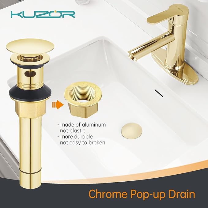 Gold Pop Up Bathroom Sink Drain with Overflow - Fits 1-5/8" to 2" Holes, 304 Stainless Steel for Vanity/Vessel Sink