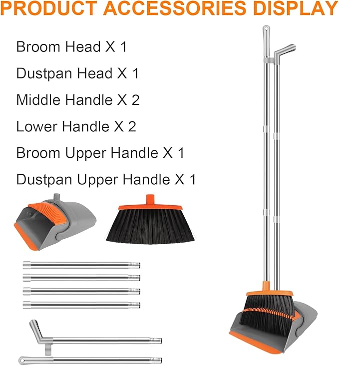 Broom with Dustpan Combo Set, 51" Household Dustpans and Broom, Standing Dust Pan Set for Home, Cleaning Set for Kitchen Lobby Indoor Outdoor