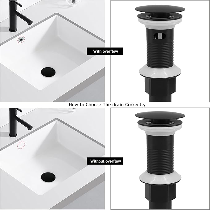 Bathroom Sink Drain,2 Pack Drain Stopper with Overflow,Pop Up Drain Assembly with Detachable Strainer Basket,Built-in Anti-Clogging, Stainless Steel Nut Mattle Black
