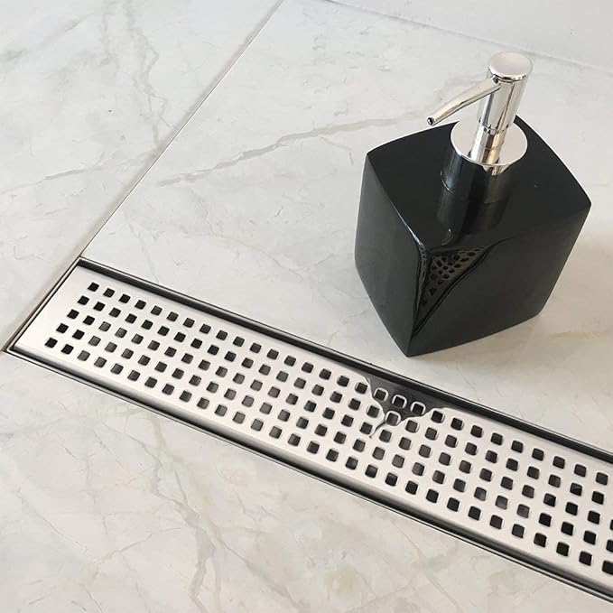 Neodrain Chrome 24-Inch Linear Shower Drain with Removable Quadrato Pattern Grate, Polished 304 Stainless Steel Rectangular Shower Floor Drain,with Leveling Feet, Hair Strainer