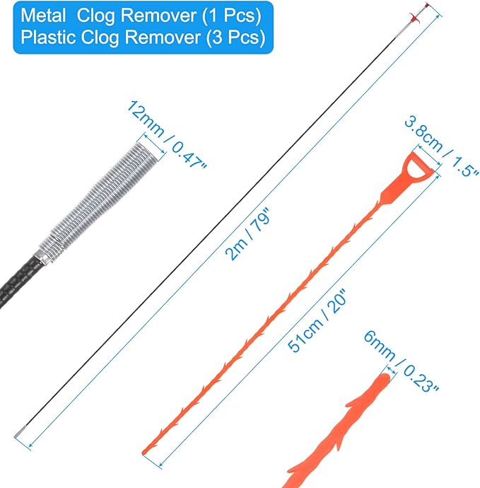 uxcell 3pcs 20 Inch Drain Hair Clog Remover Tool PP & 80 Inch Drain Cleaner Tool Sticks Stainless Steel Sewer Cleaning Hook Unclog Sink Unclogger for Toilet Bathtub Sewer, Orange