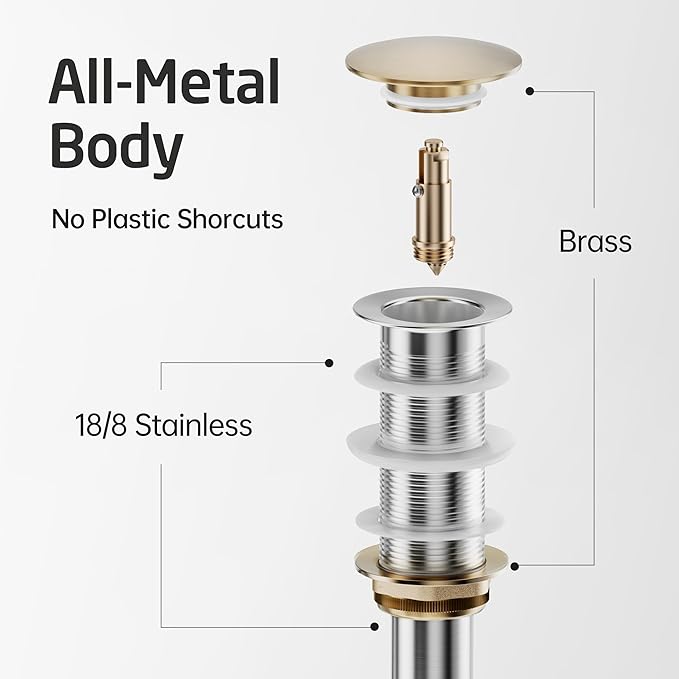 KES Bathroom Sink Drain with Extended Thread, All Metal Pop Up Drain Stopper without Overflow for Thicker Vessel Sinks and Countertops, Brass and Stainless Steel Matte Black, S2022D-BK