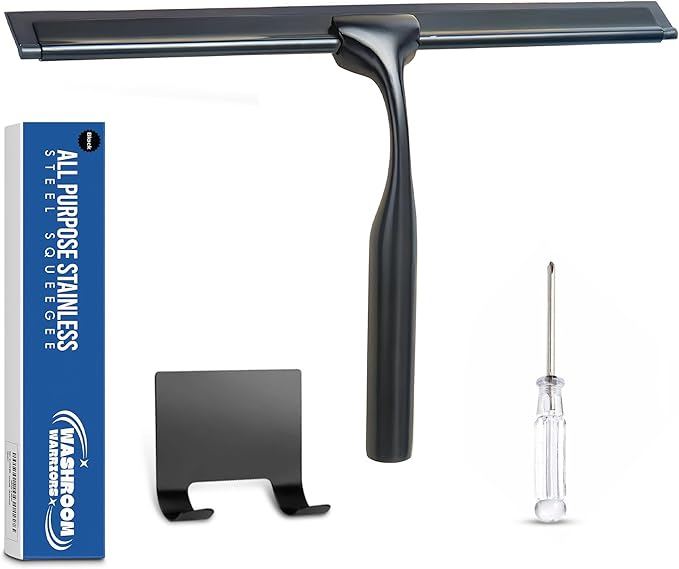 All-Purpose Shower Squeegee with Hook & Screwdriver, Non-Slip Handle, Premium Steel Core, Streak-Free Blade – 11-Inch Glass Cleaner for Shower Doors, Windows, Car Glass & Bathroom