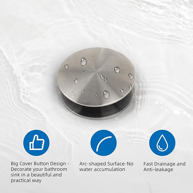 Universal Bathroom Sink Stopper, Metal Pop Up Sink Drain Strainer with Hair Catcher Basket, Fit 1.1"-2.36" US Basin, Wash Basin Drain Plug, Big/Small Cover Cap, Brass Bounce Core, Brushed Nickel