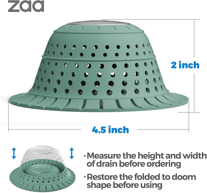 zaa Bathtub Drain Hair Catcher, Premium Silicone Collapsible 2 Pack Drain Protector for Pop-Up & Regular Drains of Shower, Bathtub, Tub, Bathroom, Sink, Gray Green