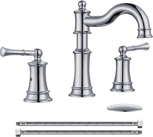 Roman Bathroom Sink Faucet Deck Mount or Wall Mount Installation Pop-up Drain Assembly with Overflow Deck Plate and Water Supply Lines Included (3 Hole Deck Mount, Chrome)