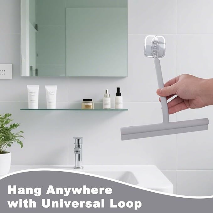 Squeegee for Shower Glass Doors, Resilient Loop - No-Drill & Adhesive Hook, Silicone Shower Squeegee with Stainless Steel Core, Cleaning Tool for Home, Kitchen, Bathroom & Car - Grey
