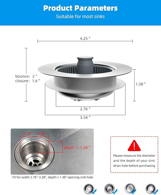Hibbent Upgraded 3 in 1 Kitchen Sink Drain Strainer and Stopper Combo, Stainless Steel Metal Pop Up Sink Stopper, 3 Anti-Clogging Basket Strainer with Handle for US Standard 3-1/2 Inch Drain