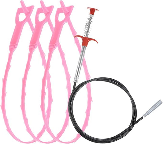 uxcell 3pcs 20 Inch Drain Hair Clog Remover Tool PP & 63 Inch Drain Cleaner Tool Sticks Stainless Steel Sewer Cleaning Hook Unclog Sink Unclogger for Toilet Bathtub Sewer, Pink