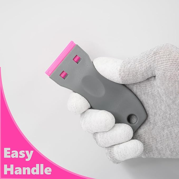 2 Pack Non-Scratch Plastic Scrapers, 8 Red Replacement Razor Blades, House & Car Cleaning Tool for Glass, Cooktop, Oven, Stove, Remove Stain, Paint, Glue (grey pink)