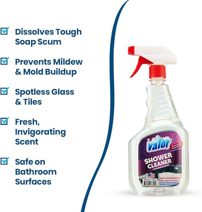 Valor Shower Cleaner Spray – Soap Scum & Hard Water Stain Cleaning Solution for Bathroom, Tub & Tile, (32 Fl Oz (Pack of 12))