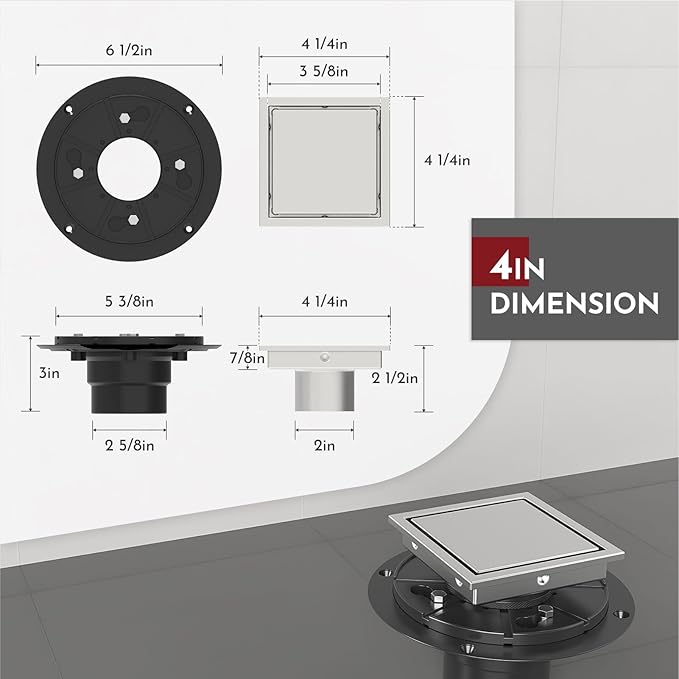 WEBANG 4 Inch Square Shower Drain Brushed Floor Drain with Flange Reversible 2-in-1 Cover Tile Insert Grate Removable SUS304 Stainless Steel CUPC Certified Brushed