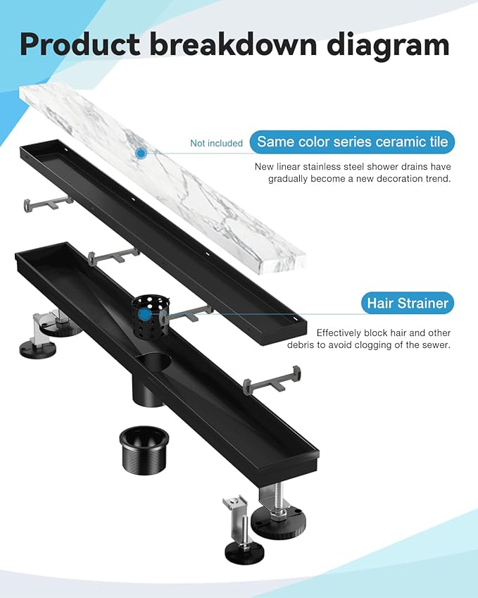 Linear Shower Drain, 42 Inch Black Shower Drain with Removable Tile Insert Grate, 2 in 1 Bathroom Modern 304 Stainless Steel Matte Black Shower Floor Drain with Adjustable Feet,Hair Filter