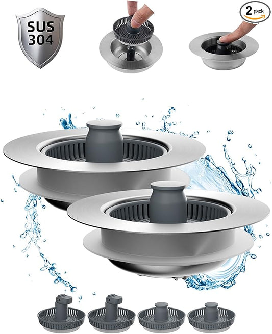 Hibbent 2 Pack Upgraded 3 in 1 Kitchen Sink Drain Strainer and Stopper Combo, Stainless Steel Metal Pop Up Sink Stopper, 6 Anti-Clogging Basket Strainers with Handle for US Standard 3-1/2 Inch Drain