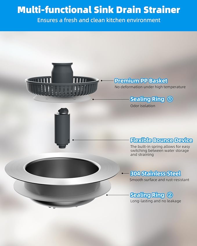 Hibbent Upgraded 3 in 1 Kitchen Sink Drain Strainer and Stopper Combo, Stainless Steel Metal Pop Up Sink Stopper, Anti-Clogging Basket Strainer with Handle for US Standard 3-1/2 Inch Drain