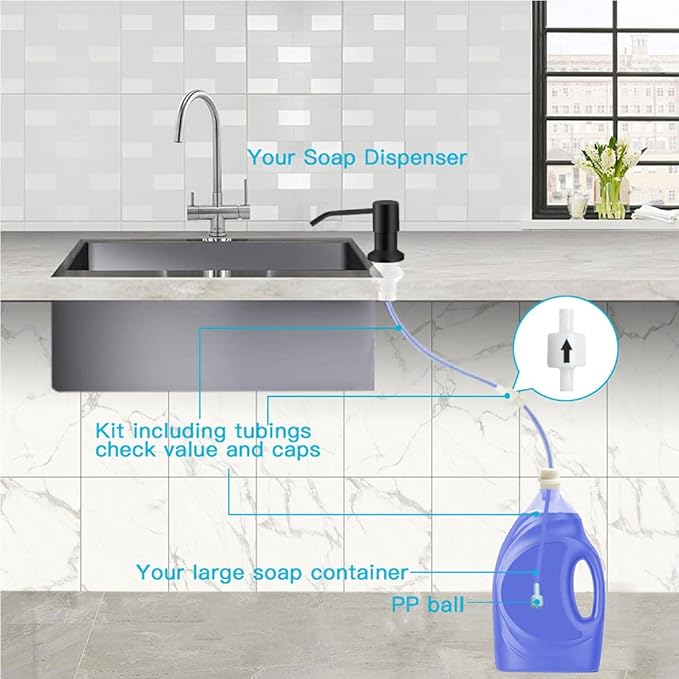 OHiHi Dish Soap Dispenser for Kitchen Sink, Countertop Sink Soap Dispenser Water Pump with 47” No-Spill Extension Tube Kit Design for Kitchen Bathroom, Easy to Press, No More Refills （Black）