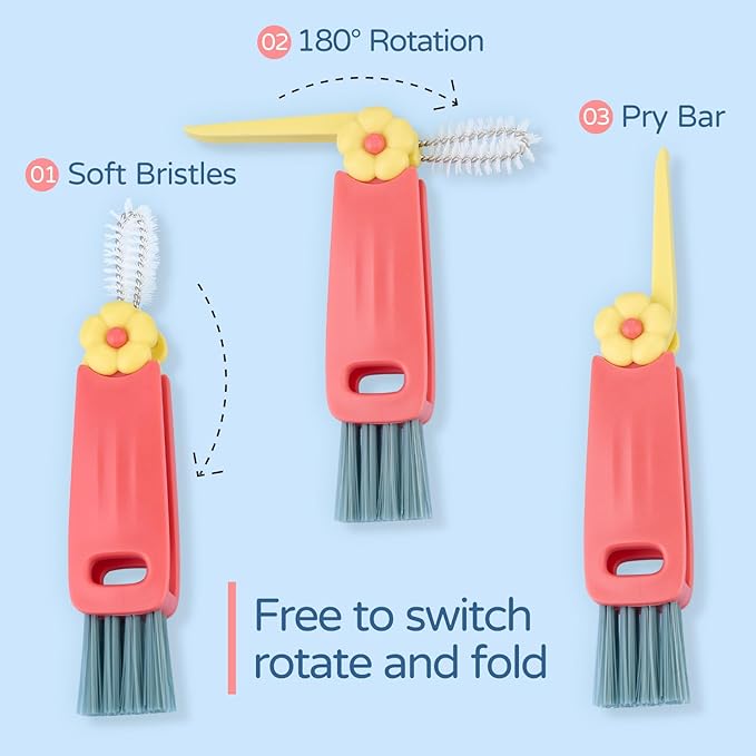 3 in 1 Bottle Gap Cleaning Brush, Multifunctional Cup Lid Gap Cleaner, Portable Crevice Cleaning Brush Set, Suitable for Household Use and Carry Outdoors, for Bottle Gap Tight Spaces Cup (Pink)