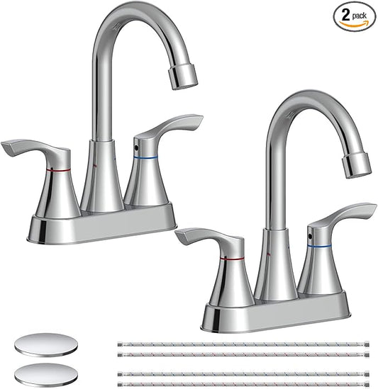 2 Pack Chrome Bathroom Faucet 3 Hole, Evolvegoods 4 Inch Stainless Steel Bathroom Sink Faucet, 2 Handle Centerset Faucet for Bathroom Sink Vanity, with Pop Up Drain and 2 Supply Hoses
