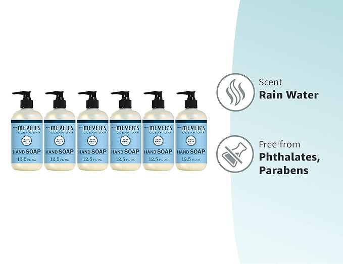 MRS. MEYER'S CLEAN DAY Hand Soap, Made with Essential Oils, Rain Water, 12.5 fl. oz - Pack of 6
