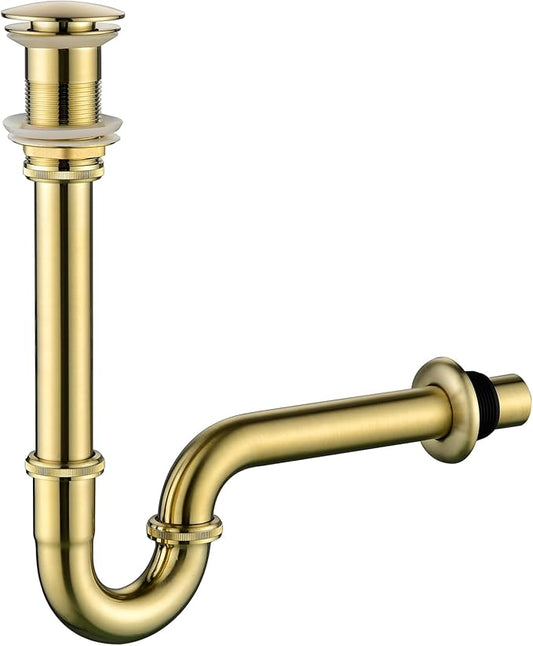 Thickened Brass P Trap Set: 1-1/4 P Trap with Bathroom Sink Stopper - Sink Drain Plumbing Kit for Pipe Replacement (Brushed Gold, No Overflow)
