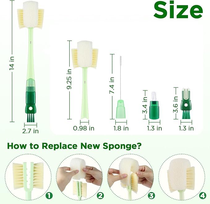 OUTXE 6 Pack Bottle Brush Set, 5-in-1 Water Bottle Cleaner Brush, 14" Long Handle Bottle Cleaning Brush, 3 Straw Brush, Removable Nipple Detail Brush for Cup Lid Gap, with Replecement Sponge