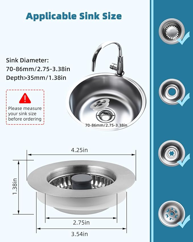 Hygie Rinse All Metal Sink Drain Strainer for Kitchen Sink Pop Up 3-in-1 Sink Stopper Drainer, 304 Stainless Steel Basket with Handle Rod for US Standard 3-1/2 inch Drain Filter, Anti-clog