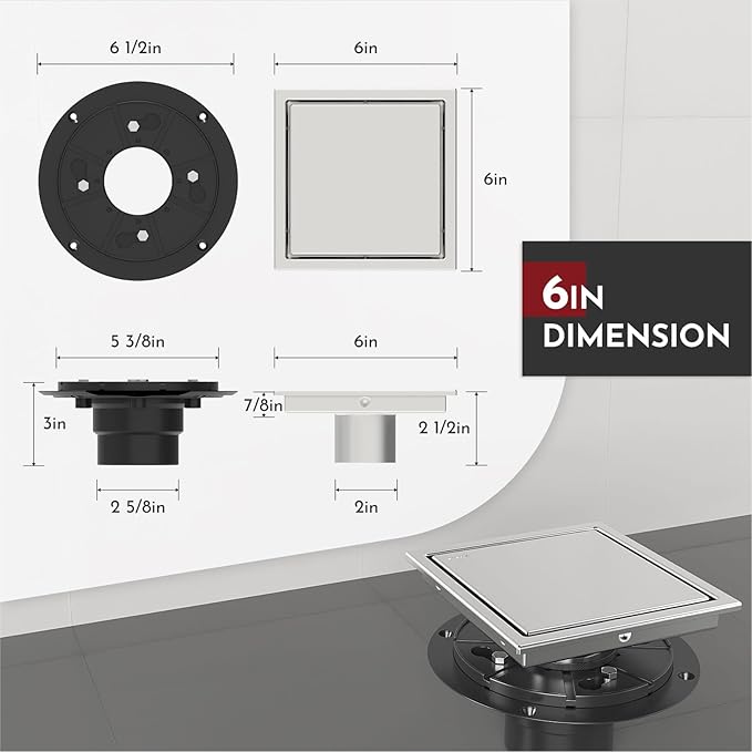 WEBANG 6 Inch Square Shower Drain Brushed Floor Drain with Flange Reversible 2-in-1 Cover Tile Insert Grate Removable SUS304 Stainless Steel CUPC Certified Brushed