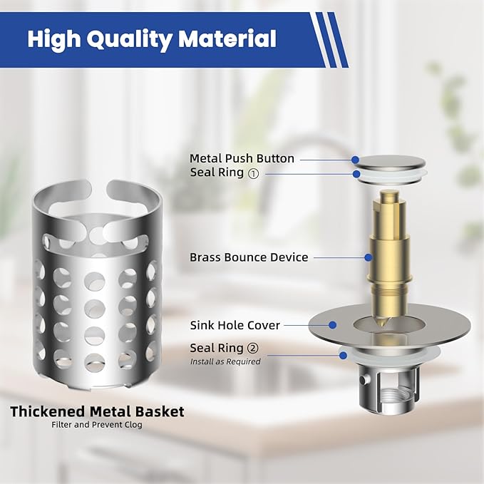 Universal Bathroom Sink Drain Strainer Hair Catcher 2PCS Upgraded with Removable Stainless Steel Filter Basket, 3 in 1 Pop Up Sink Stopper for 1.1''~2.36'' Sink Basin Hole, Brushed Nickel