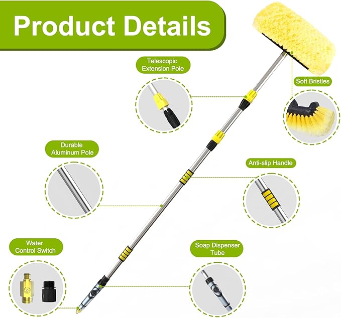 12FT Car Wash Brush with Long Handle, Telescopic Car Wash Brush with Soap Dispenser, 12-Inch Soft Bristle Car Cleaning Brush for Cleaning Car, RV, Truck, Boat, Solar Panels, Yellow