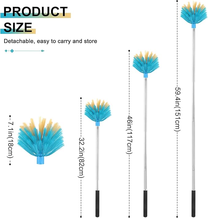 Cobweb Duster with Extension Pole，Medium Stiff Bristles Cobweb Duster Head ，Adjustable from 28 to 56 inches Long Duster for High Ceilings, Suitable for Ceilings, Walls, Indoor Outdoor Environments