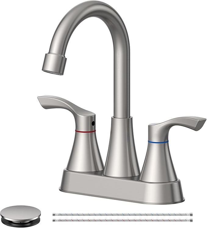 Brushed Nickel Bathroom Faucet 3 Hole, Evolvegoods 4 Inch Stainless Steel Bathroom Sink Faucet, 2 Handle Centerset Faucet for Bathroom Sink Vanity, with Pop Up Drain and 2 Supply Hoses