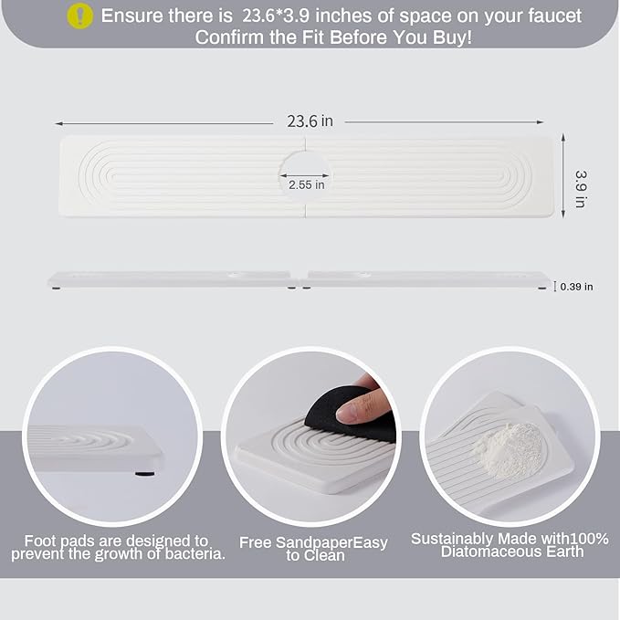 Stone Faucet Mat for Kitchen Sink, Faucet Mat Fast Drying Diatomite, Sink Splash Guard Water Absorbing Stone Tray for Sink, Counter Protector for Kitchen & Bathroom