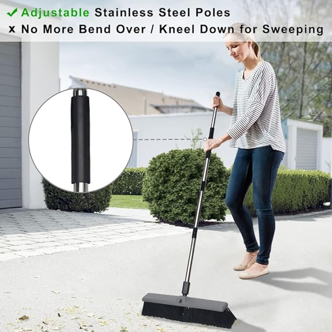 18 Inch Push Broom Brush Outdoor Heavy Duty Broom Stiff Bristles Commercial Outdoor Broom Brush for Cleaning Garage Driveway Yard Patio Deck Concrete Wood Stone Floor with 63" Long Handle