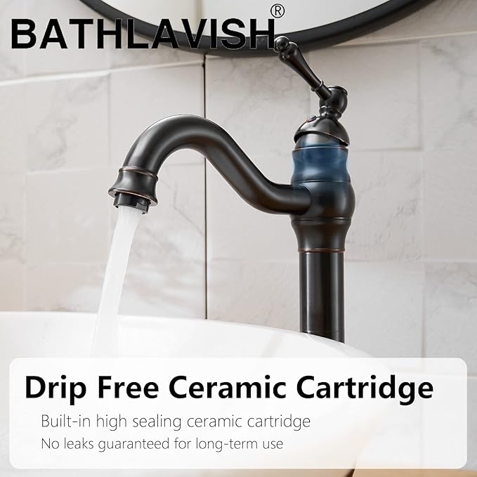 Vessel Sink Faucet Oil Rubbed Bronze Single Handle 1 Hole Bathroom Faucet 360° Swivel Deck Mount Lavatory Commercial Matching Pop Up Drain Without Overflow