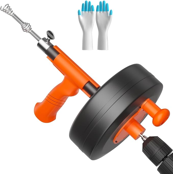 Drain Auger, Plumbing Snake With Drill Adapter, 35ft Heavy Duty Flexible Sink Steel Drum Auger and Drain unblocking Snake, Manual Or Powered With Work Gloves and Storage Bag-Not auto feed and back