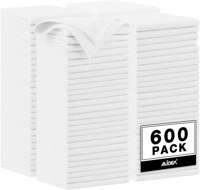 AIDEA Microfiber Cleaning Cloth White, 600PK, Microfiber Towels for Cars, Shop Towels Cleaning Rags, Premium Wash Cloths, Absorbent Towel for SUVs, House, Kitchen, Commercial, Cleaning Supplies 12×12"