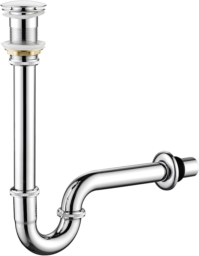 Thickened Brass P Trap Set: 1-1/4 P Trap with Bathroom Sink Stopper - Sink Drain Plumbing Kit for Pipe Replacement (Chrome, No Overflow)