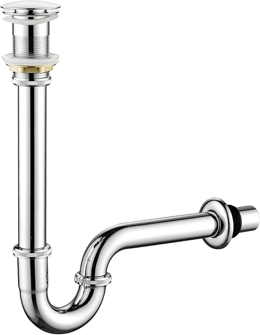 Thickened Brass P Trap Set: 1-1/4 P Trap with Bathroom Sink Stopper - Sink Drain Plumbing Kit for Pipe Replacement (Chrome, No Overflow)